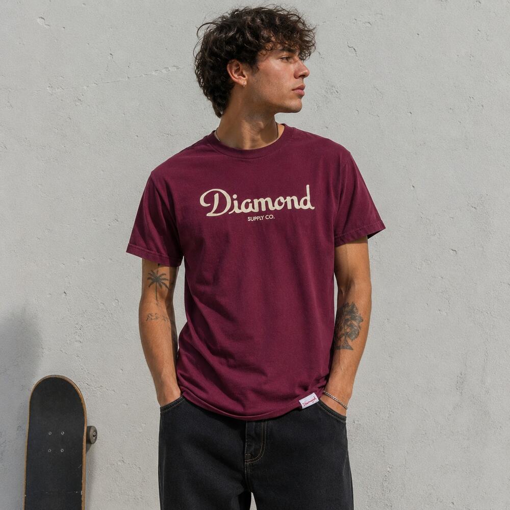 Diamond Supply Co Script Logo T Shirt Burgundy USA Made XL Skate Streetwear
